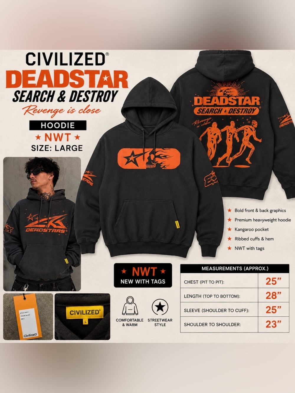 Civilized Deadstar Search & Destroy Graphic Hoodie NWT SZ large